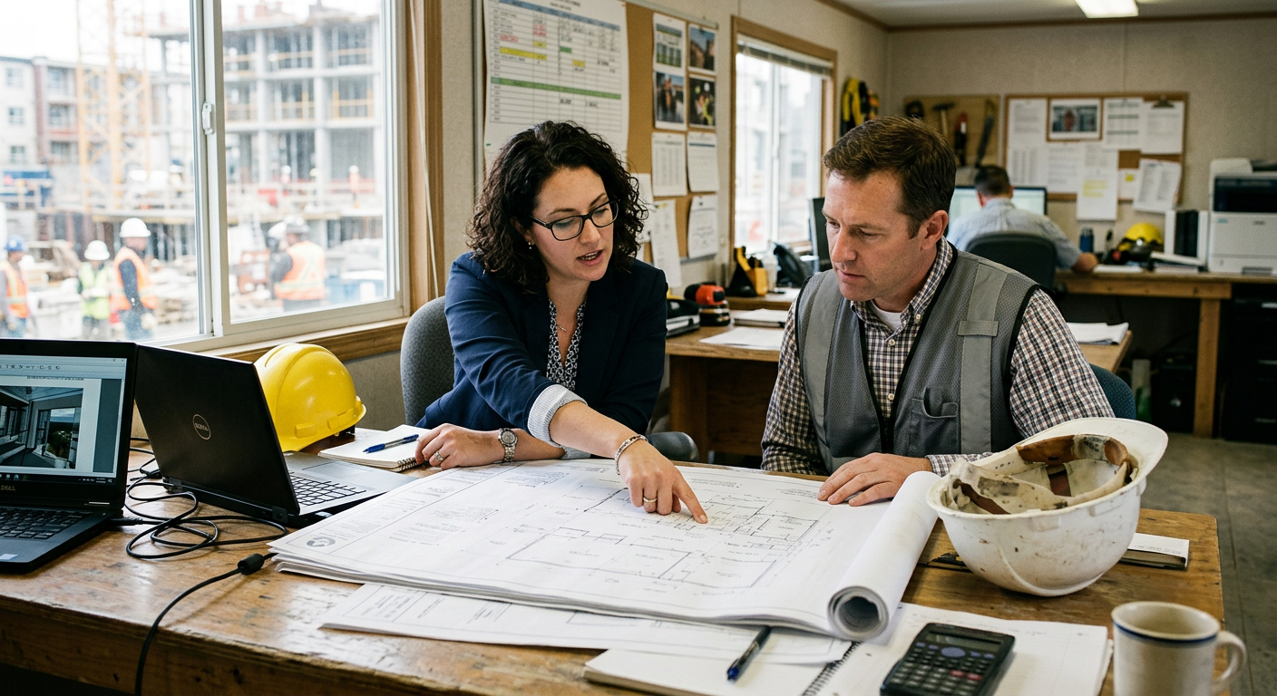 Consultant reviewing project plans with a client in a site office