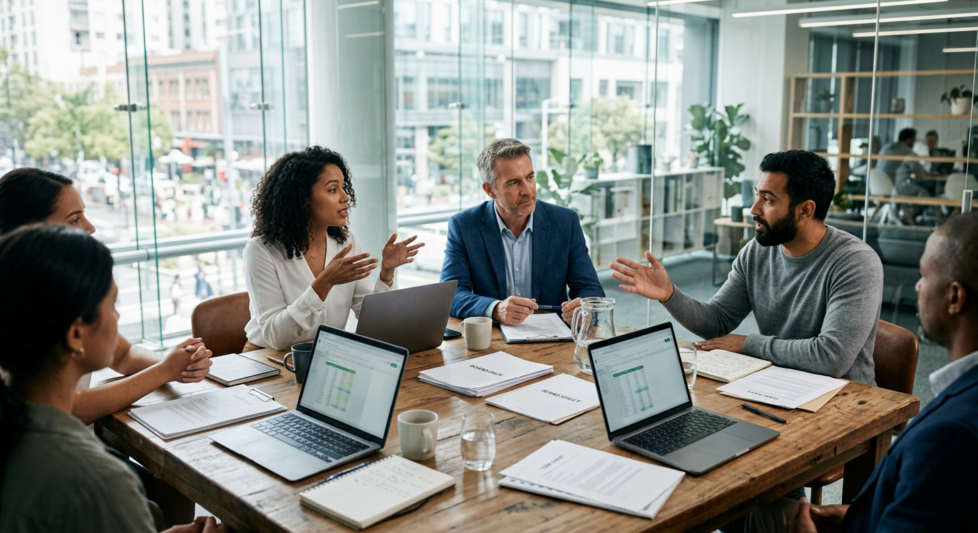 Startup founders and investors meeting around a conference table