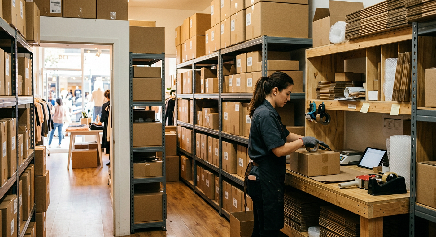 Worker packing an online order in a small retail warehouse