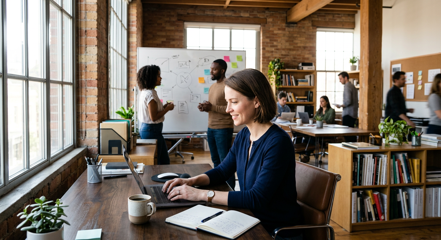 Professional working at a laptop in a bright agency office