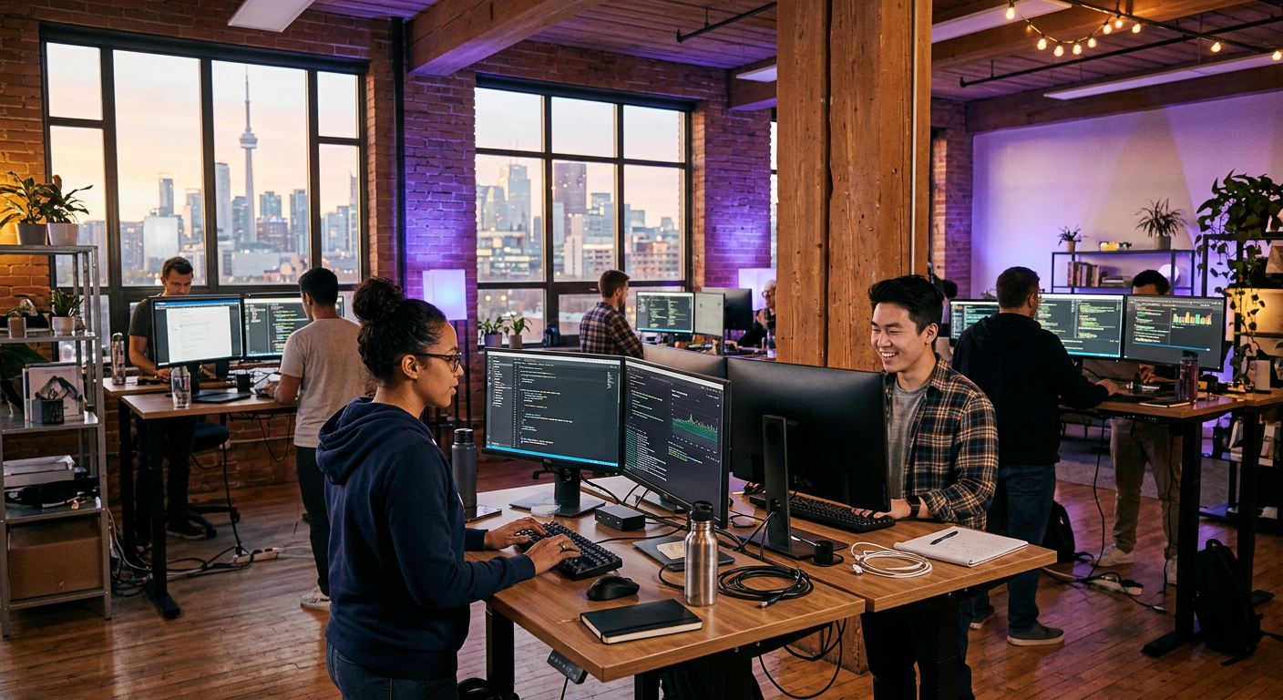 Software engineers working at monitors in a modern office