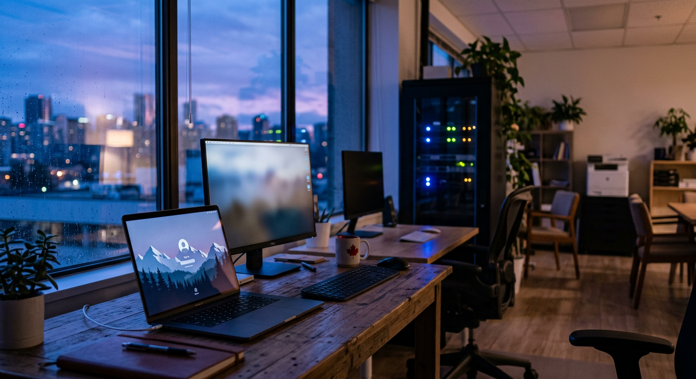 Laptop showing a locked screen in a small business office at dusk
